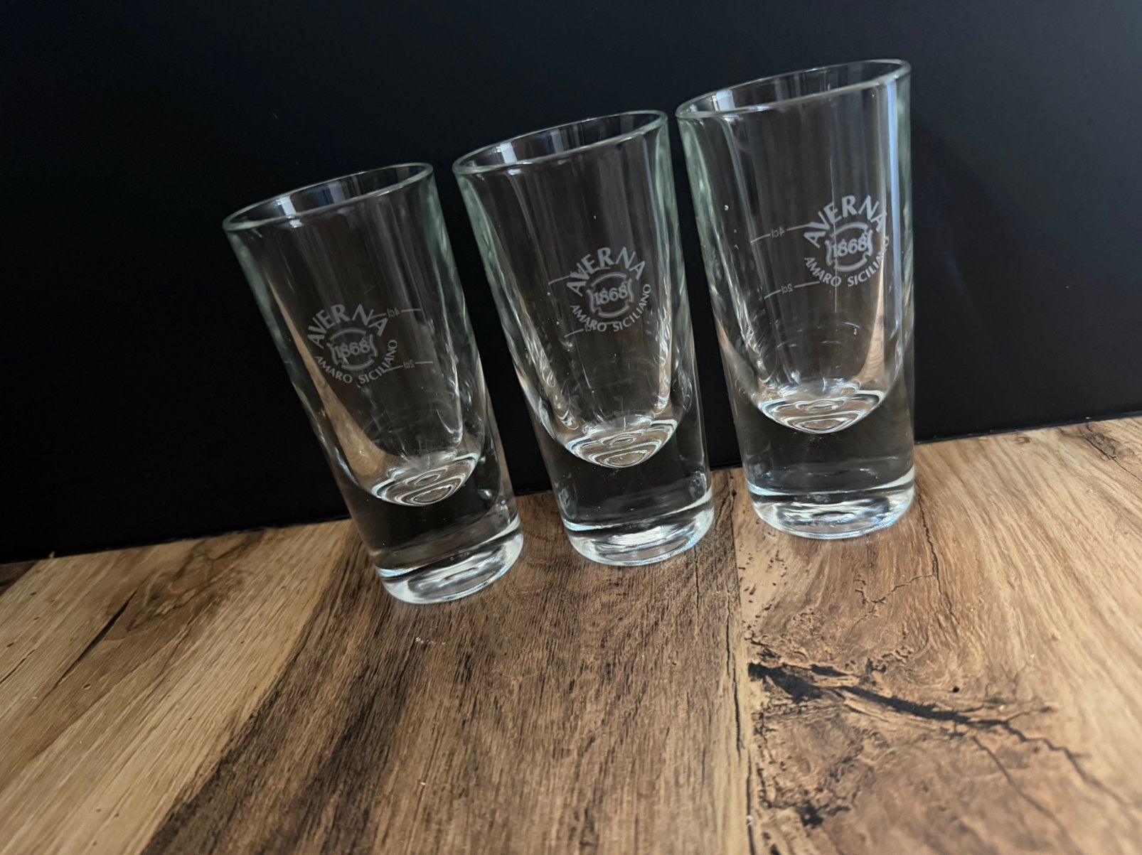 3 Averna Amaro Siciliano likeurglazen, Ophalen of Verzenden, Zo goed als nieuw, Borrel- of Shotglas
