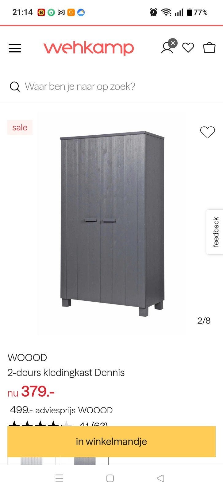 kledingkast WOOOD Dennis Antraciet, Huis en Inrichting, Kasten | Kledingkasten, Ophalen, Met deur(en), Gebruikt, 50 tot 100 cm