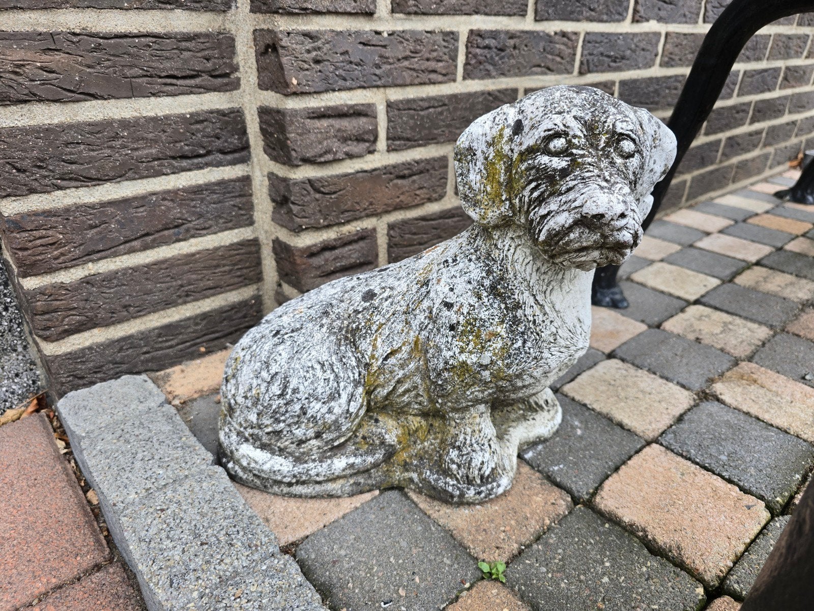 Verweerd betonnen tuinbeeld hond (teckel/terriër), Ophalen, Gebruikt, Beton, Dierenbeeld