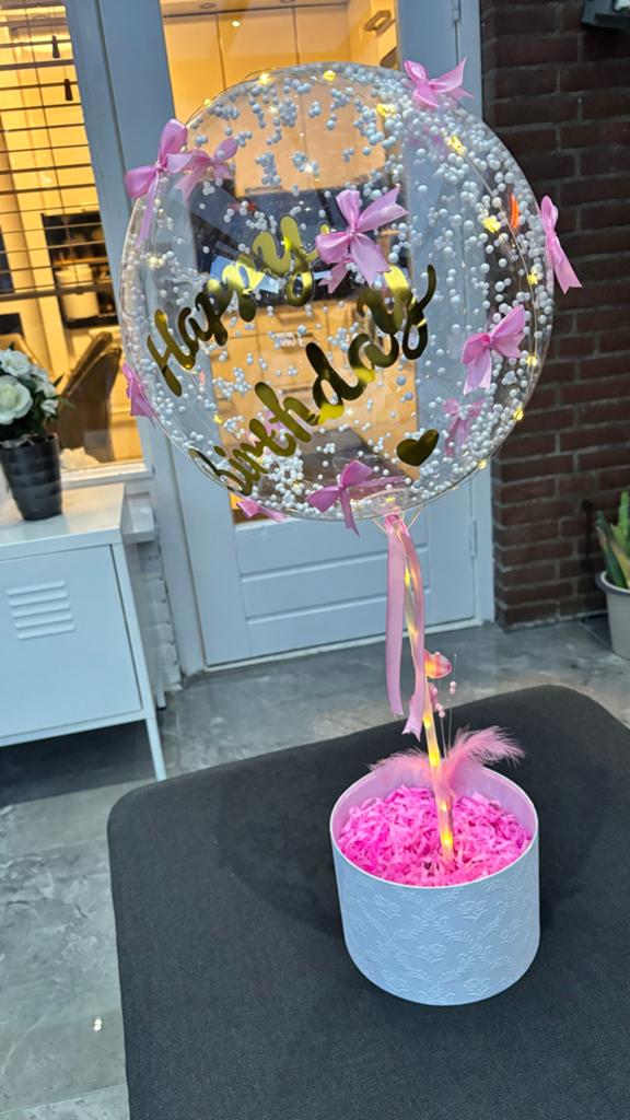 Happy Birthday Ballon met LED en Roze Lintjes, Ophalen, Zo goed als nieuw, Feestartikel, Verjaardag