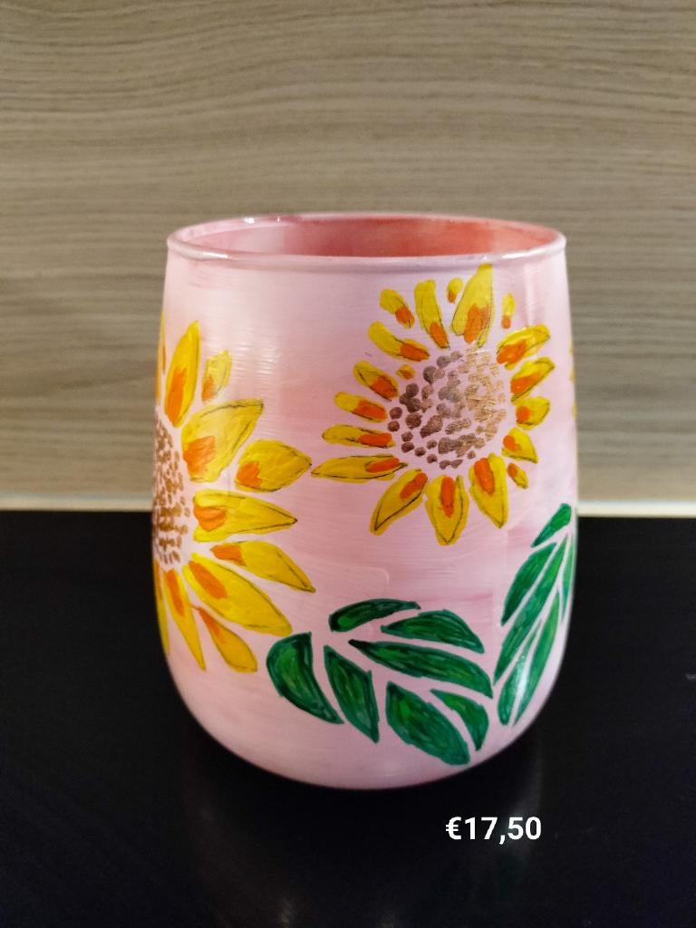Vaas handbeschilderd zonnebloemen, Overige kleuren, Ophalen of Verzenden, Minder dan 50 cm, Glas