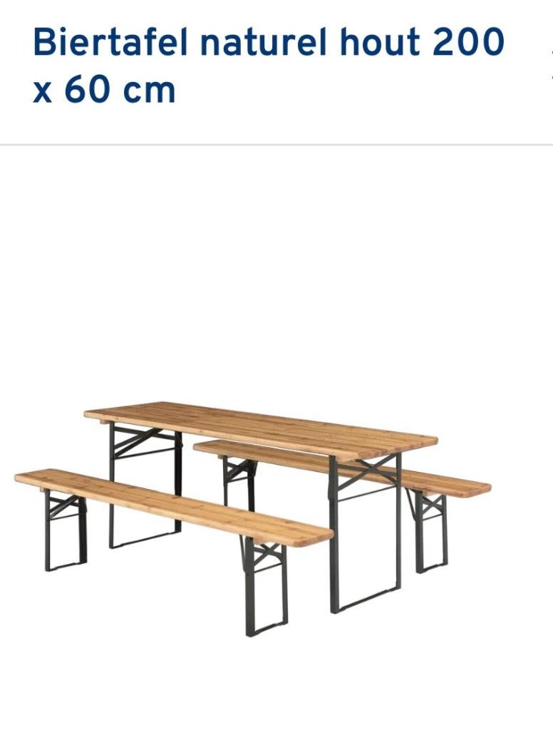 Biertafel met banken opklapbaar naturel hout 200x60 cm, Tuin en Terras, Picknicktafels, Ophalen, Zo goed als nieuw, Inklapbaar