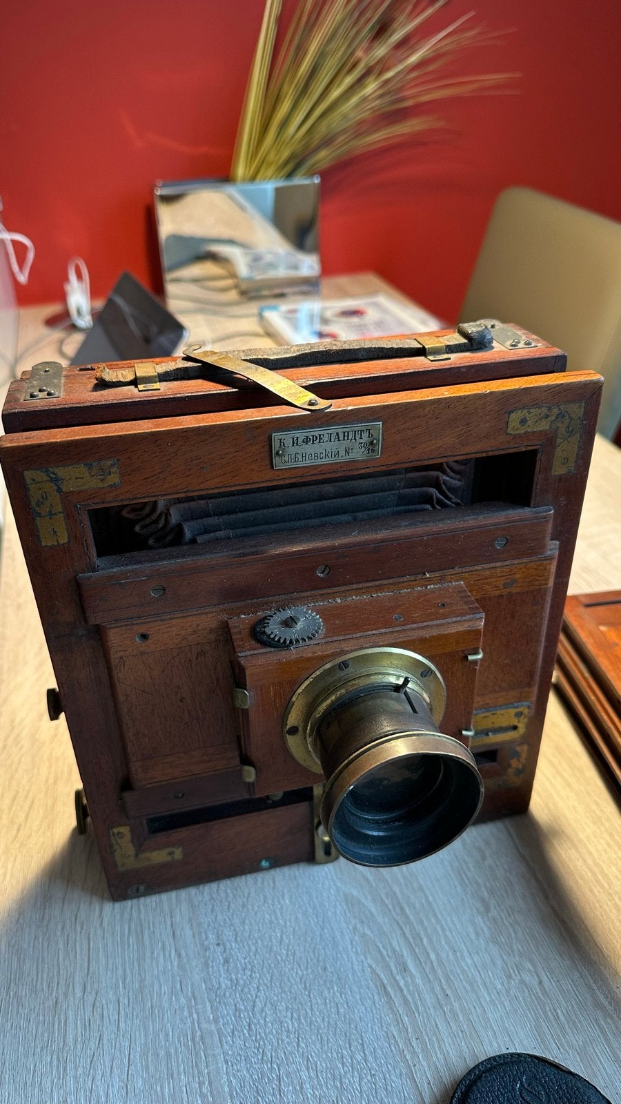 Antieke houten camera met balg, K.I. Frelandt's, London, Verzenden, Gebruikt, Spiegelreflex, Overige Merken