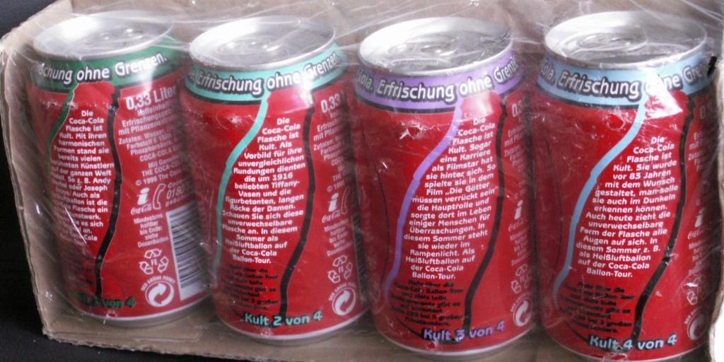 Complete set van 4 Duitse coca cola blikjes Contour flesje, Ophalen of Verzenden, Zo goed als nieuw