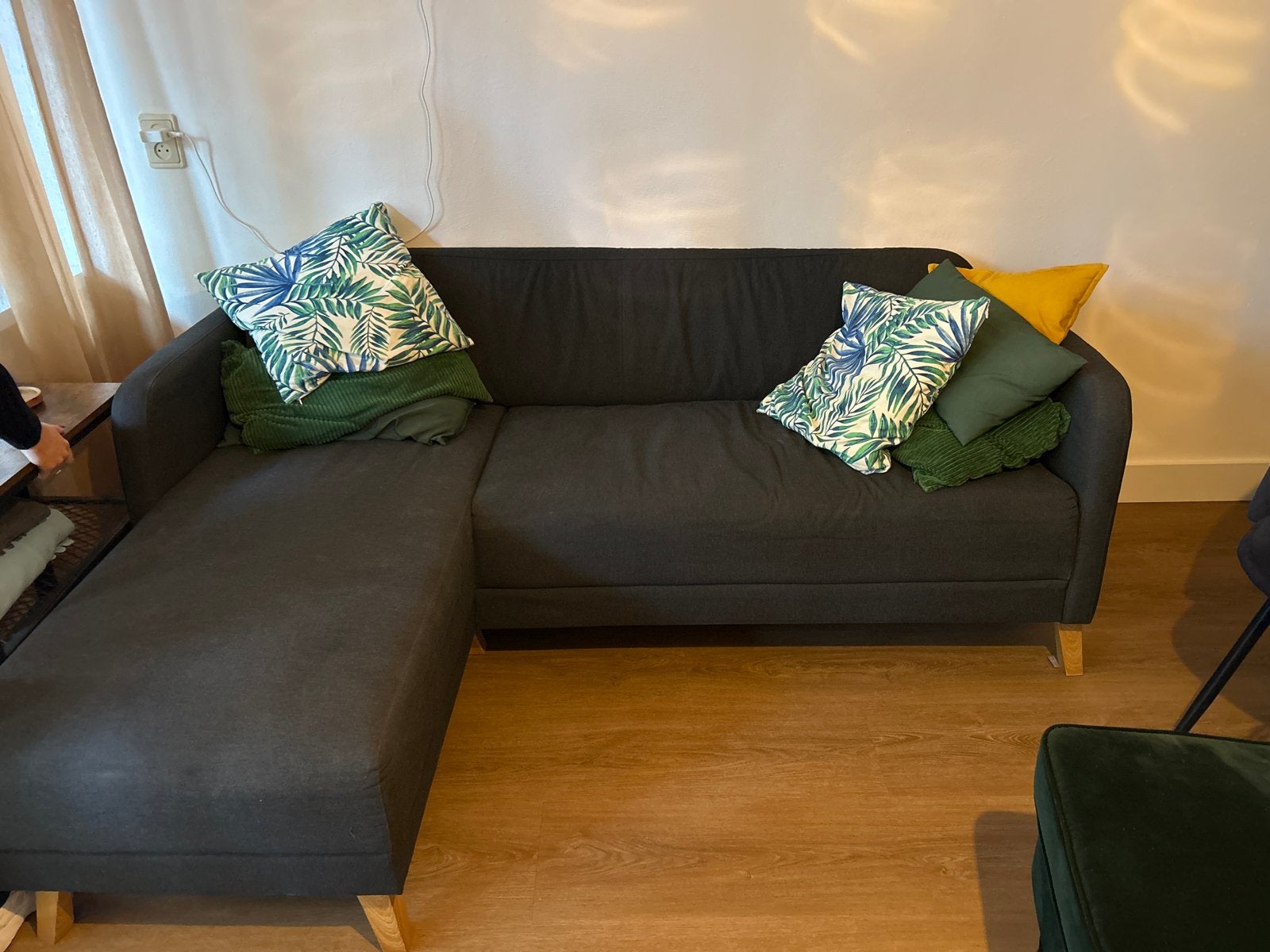 Donkergrijze hoekbank met chaise longue, Ophalen, Gebruikt, 150 tot 200 cm, Hoekbank