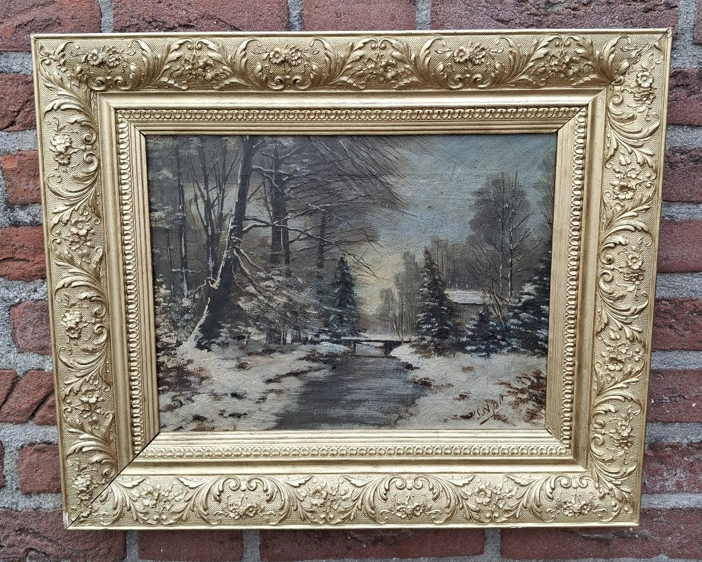 antiek winterlandschap, naar Apol, Doek, Ophalen of Verzenden, Landschap, Olieverf