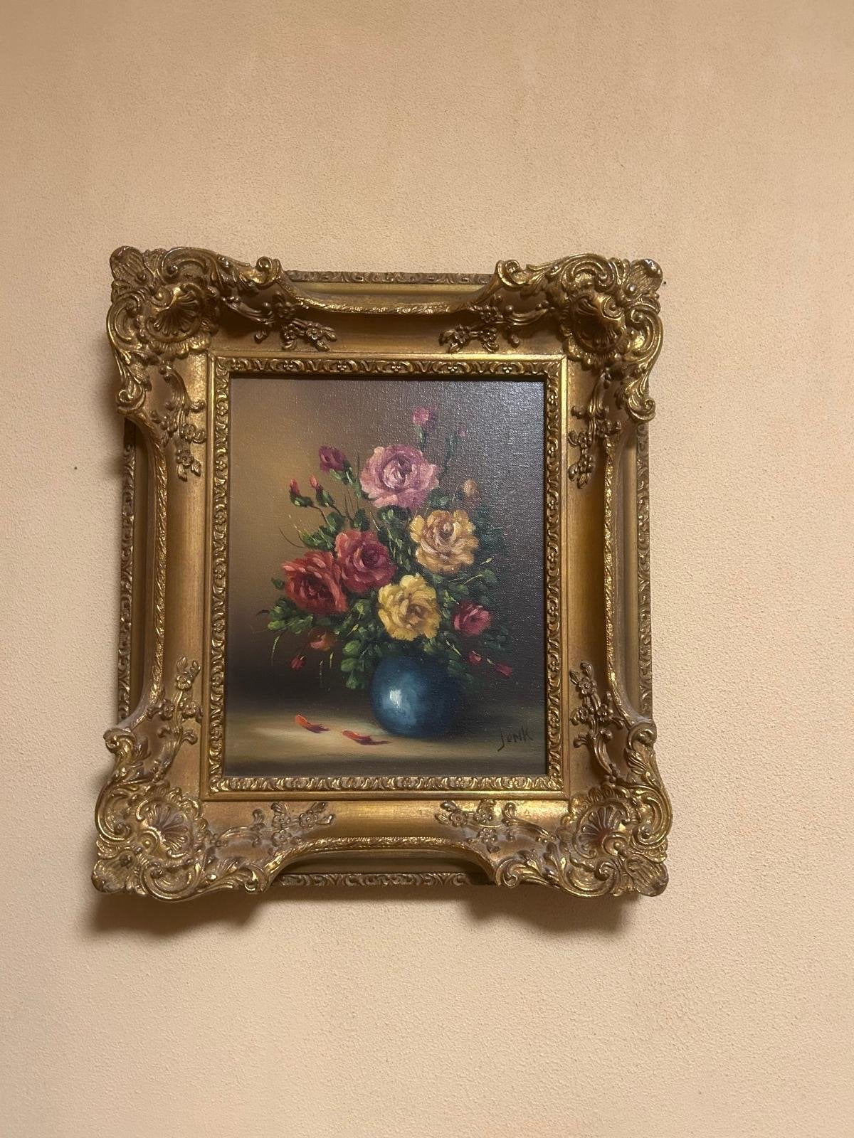 Schilderij met rozen in vaas, gesigneerd 'Jonk', Antiek en Kunst, Kunst | Schilderijen | Klassiek, Doek, Gesigneerd, Olieverf