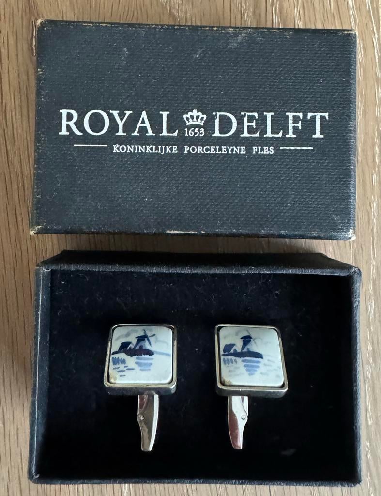Royal Delft Manchetknopen - handgeschilderd - molen, Ophalen of Verzenden, Gebruikt, Overige materialen, Verzilverd