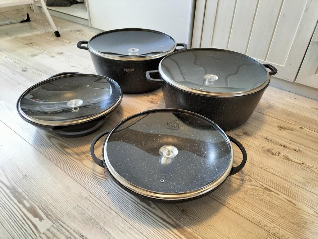 Pannenset met glazen deksels, Ophalen of Verzenden, Gebruikt