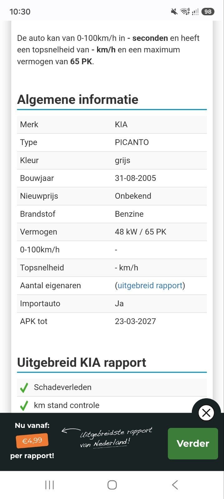 Kia KIA 2005 Grijs, 65 pk, 31 €/maand, 19 km/l, Particulier