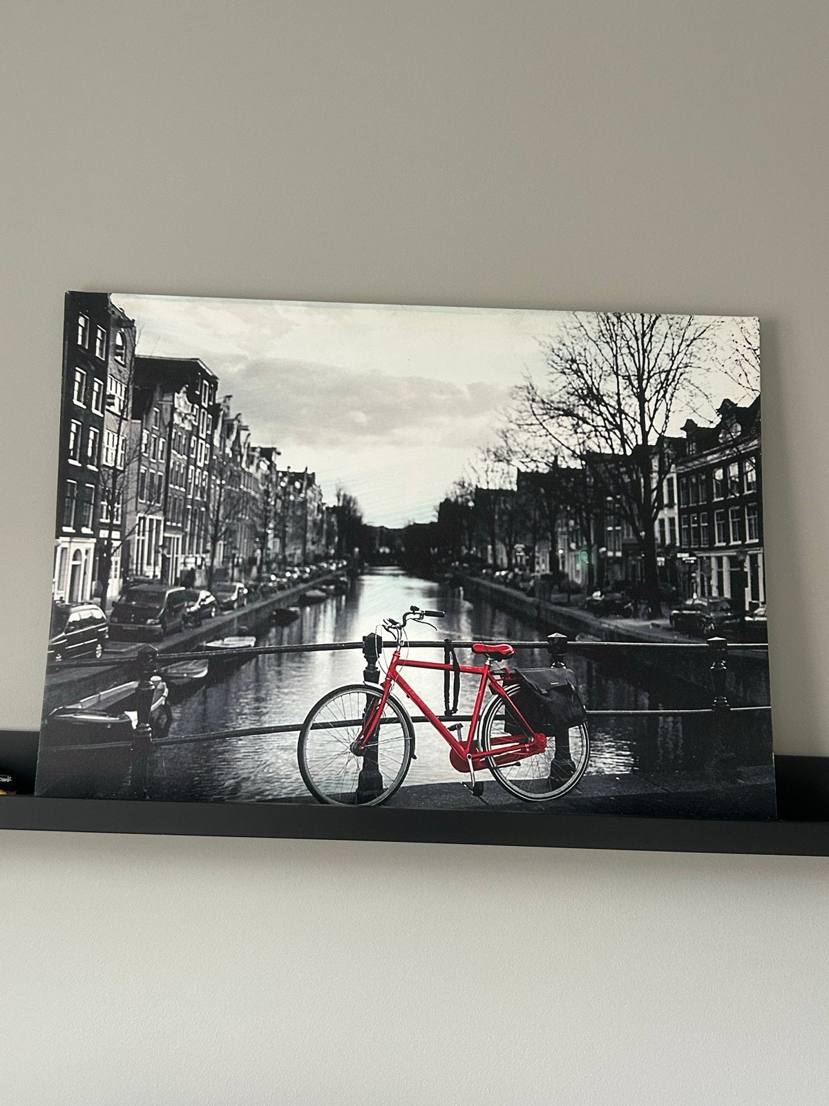 Canvas schilderij Amsterdam gracht met rode fiets 50x70cm, 50 – 75, Gebruikt, Ophalen of Verzenden, Schilderij