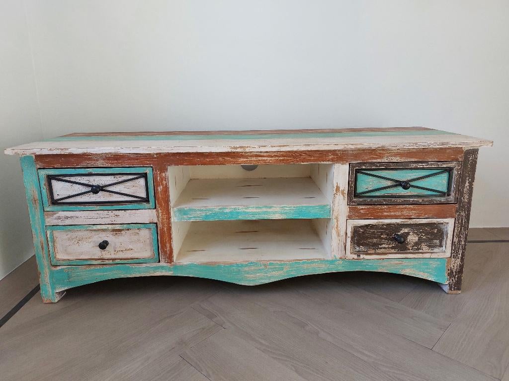 Ibiza boho stijl houten tv meubel kast, Huis en Inrichting, Kasten | Televisiemeubels, Zo goed als nieuw, Minder dan 100 cm, 100 tot 150 cm