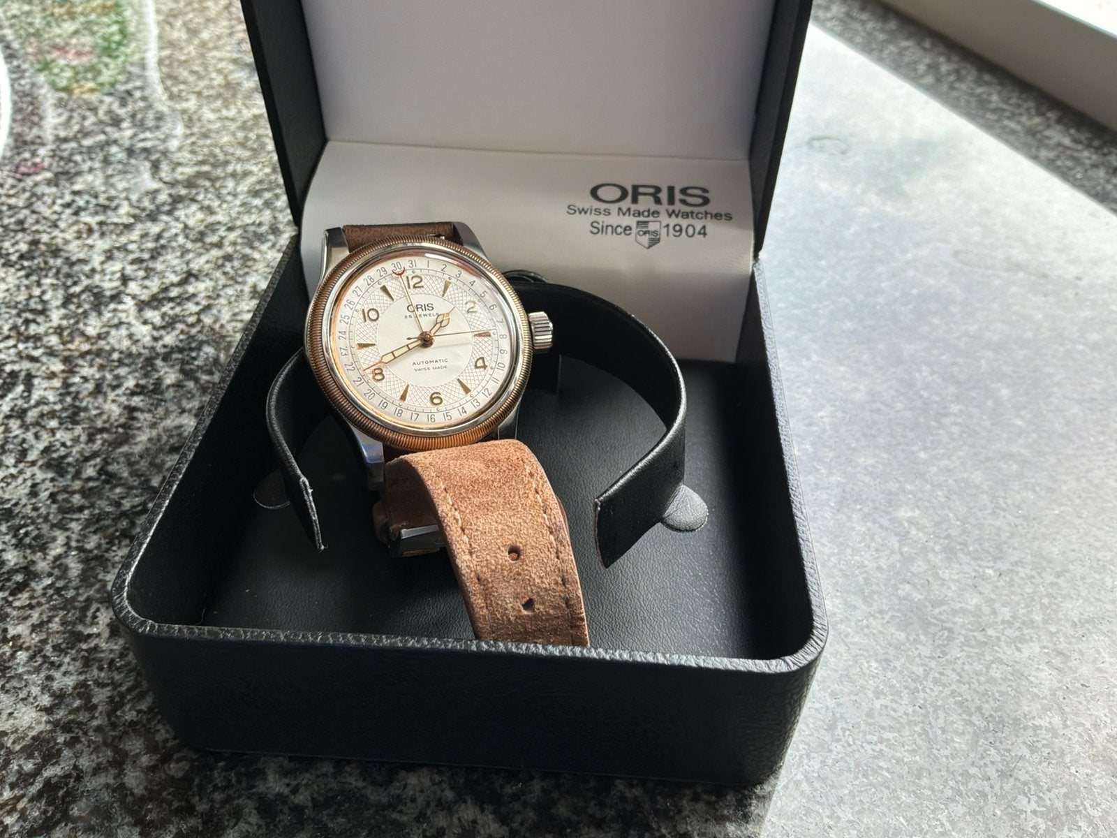 Oris big crown pointer date herenhorloge, Ophalen of Verzenden, Gebruikt, Leer, Overige merken