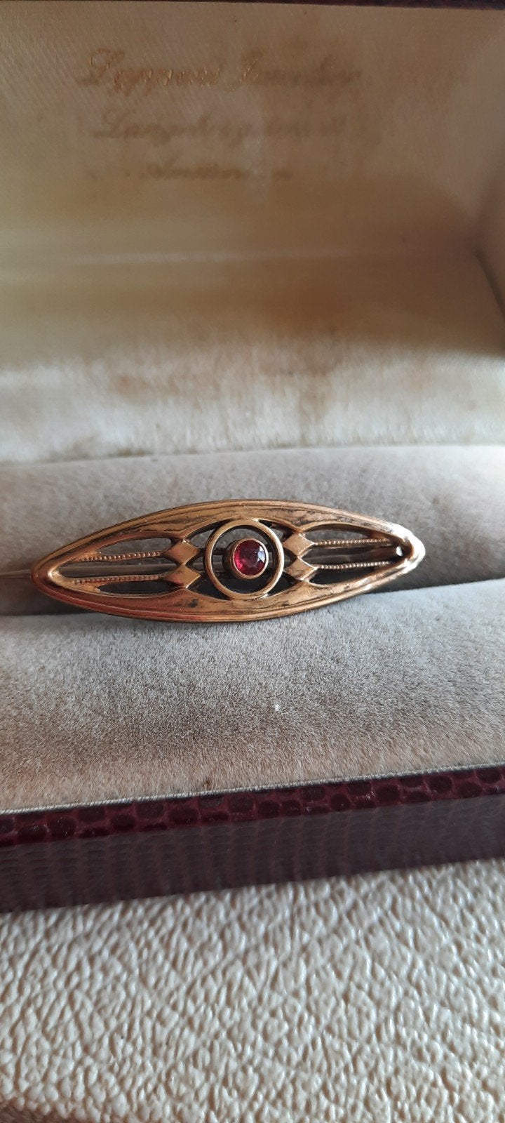 Antieke Jugendstil broche,  doublé goud met robijntje, Sieraden, Tassen en Uiterlijk, Antieke sieraden, Ophalen of Verzenden, Goud
