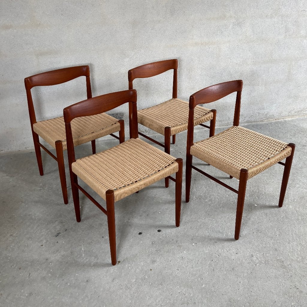 4x deense Eetkamerstoelen H. W. Klein – Teak Papercord, Huis en Inrichting, Stoelen, Gebruikt, Bruin, Ophalen of Verzenden, Vier