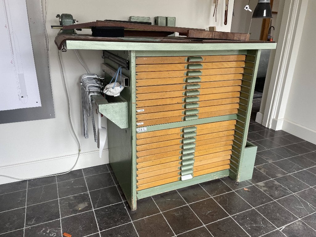 Industriële vintage letterkast Tetterode met houten lades, Ophalen