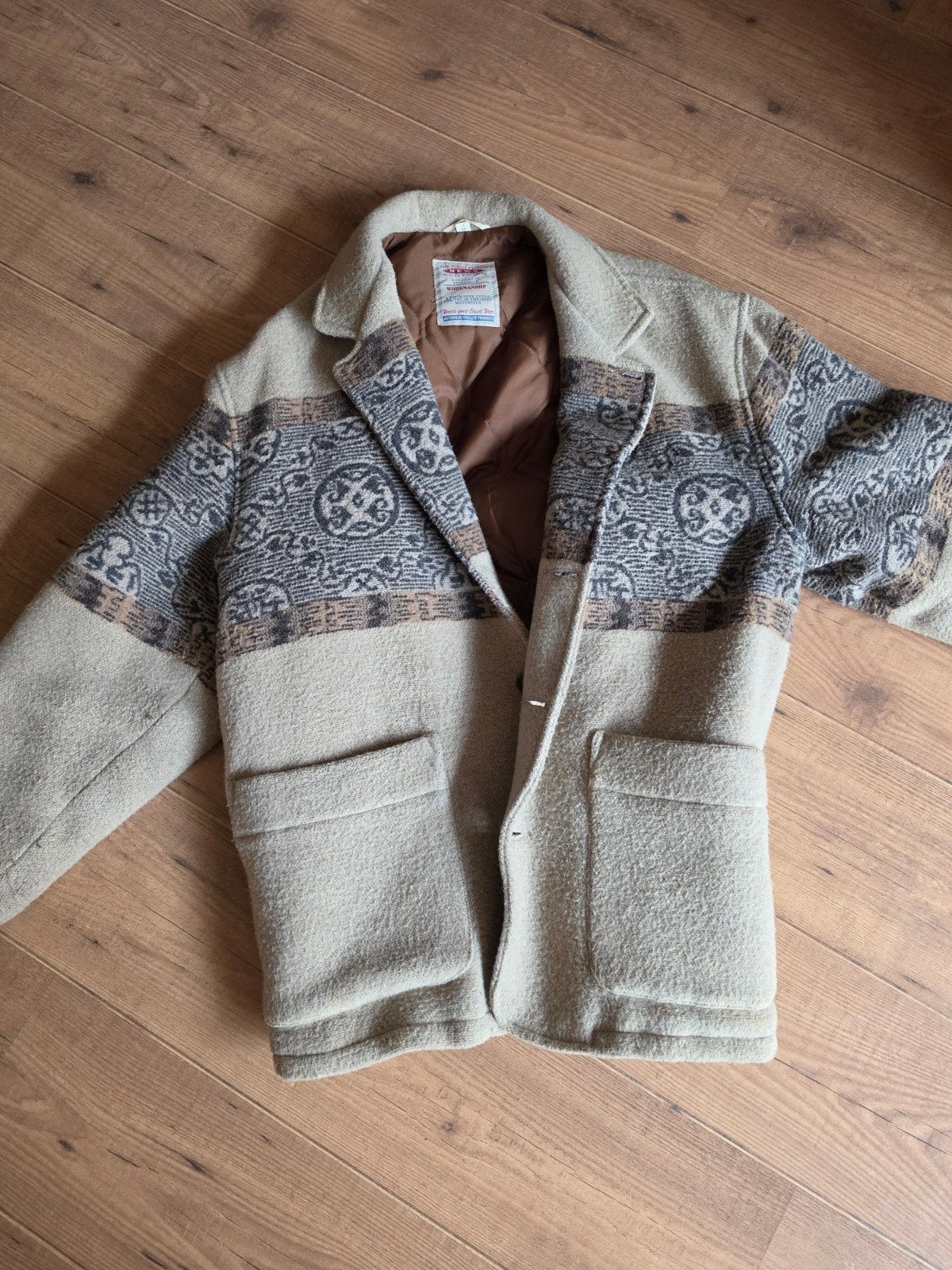 Vintage wollen jas met patroon en gewatteerde voering, THE RIGHT CHOICE, Beige, Maat 42/44 (L), Ophalen of Verzenden