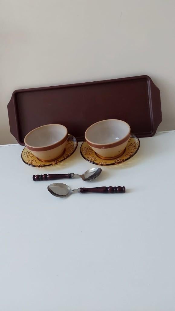 Retro jaren 70 ontbijtset nieuw – Amber glas & gres, Glas of Glazen, Eu, Eu, Nieuw