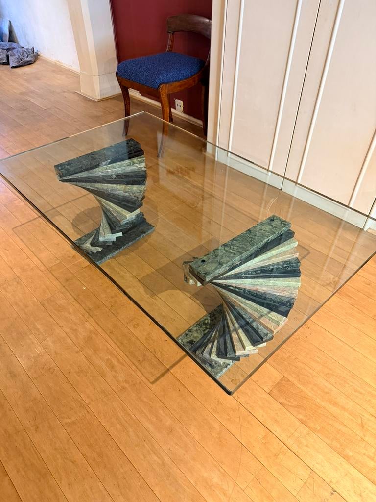 Art deco salontafel - marmer met glas, Ophalen, 100 tot 150 cm, 50 tot 100 cm, Japandi scandi artdeco marmer travertin koffietafel salontafel