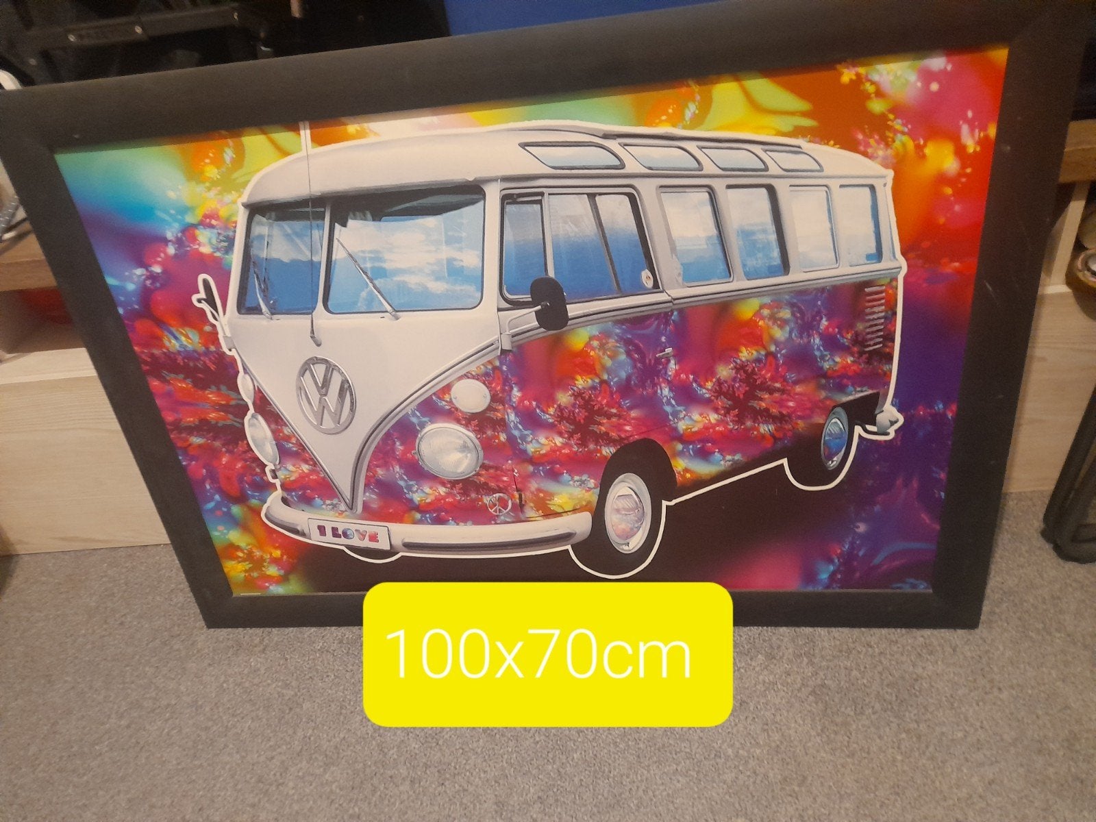 Groot Ingelijst Schilderij / Poster VW Bus Flower Power, Verzamelen, Ophalen, Gebruikt