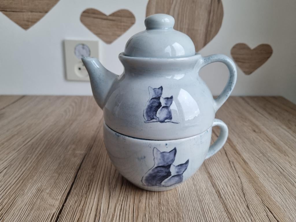 Zeldzame Vintage Theepot + Mok met Katten Poezen Porselein, Verzenden, Zo goed als nieuw, Porselein, Overige typen