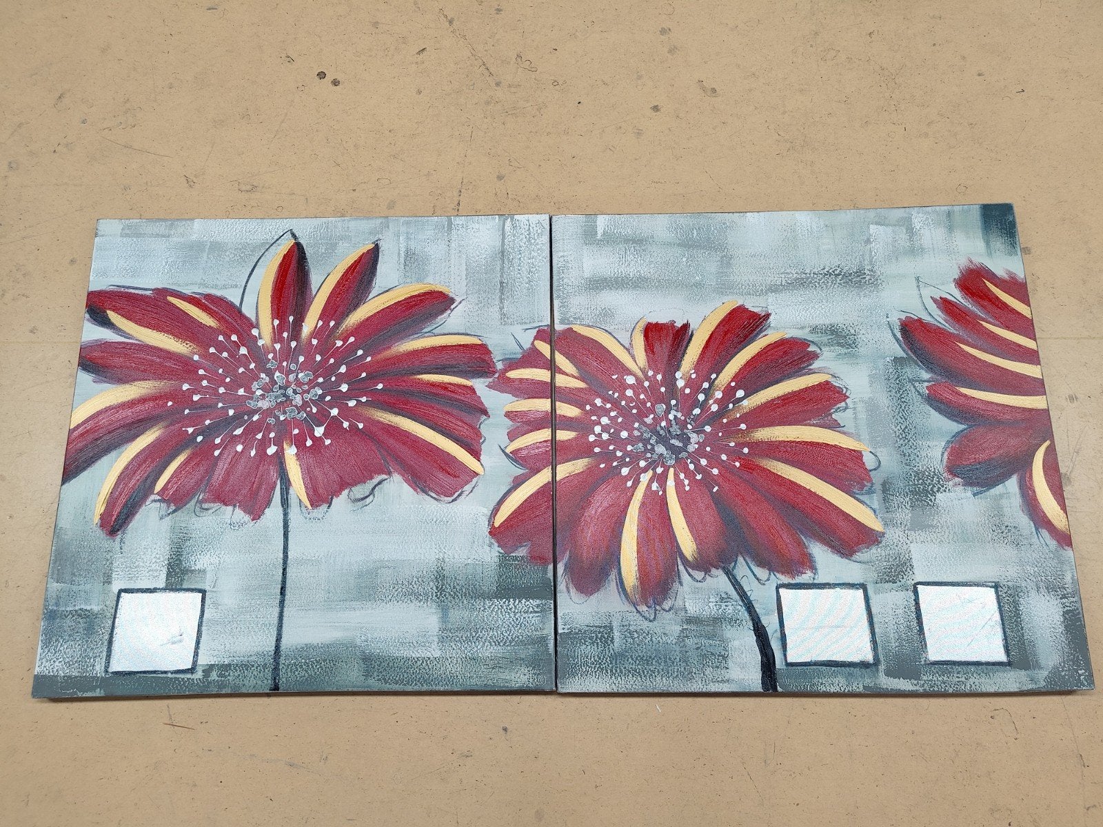 Set van 2 bloemenschilderijen met textuur, Acrylverf, Ophalen of Verzenden, Met textuur, Bloemen
