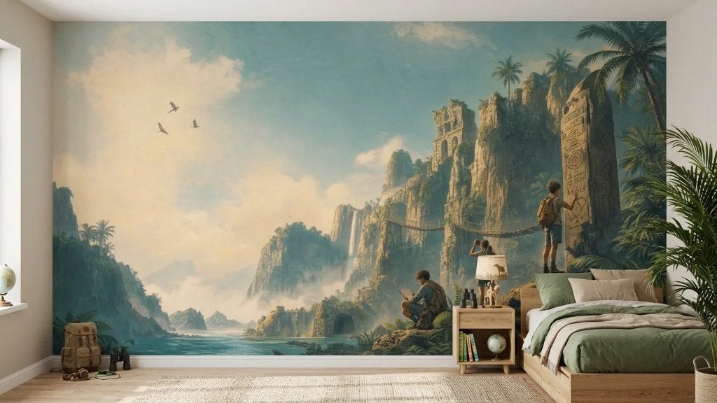 Jungle behang – tropische ruïnes met hangbruggen op maat, Huis en Inrichting, Stoffering | Behang, Overige merken, Modern, Ophalen of Verzenden