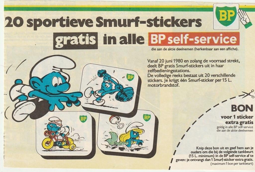 Retro reclame 1980 BP tankstation Smurfen stickers, Verzenden, Overige typen