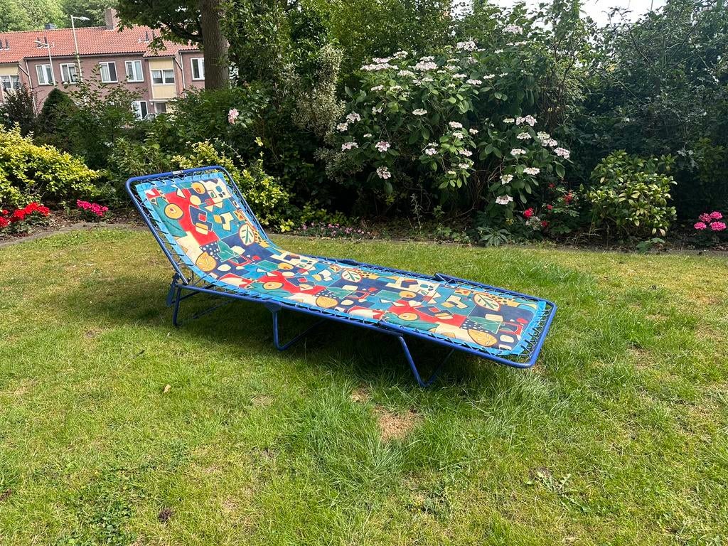 Vintage/retro opvouwbaar blauw Lafuma ligbed/zonnebed, Ophalen, Gebruikt, Metaal, Inklapbaar