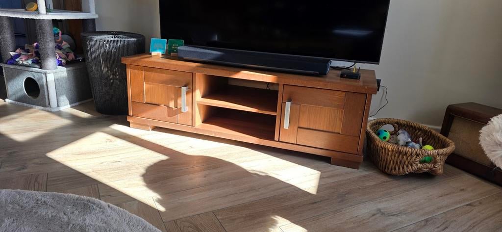 Massief Eiken TV Meubel, Ophalen, Gebruikt, 100 tot 150 cm, Eikenhout