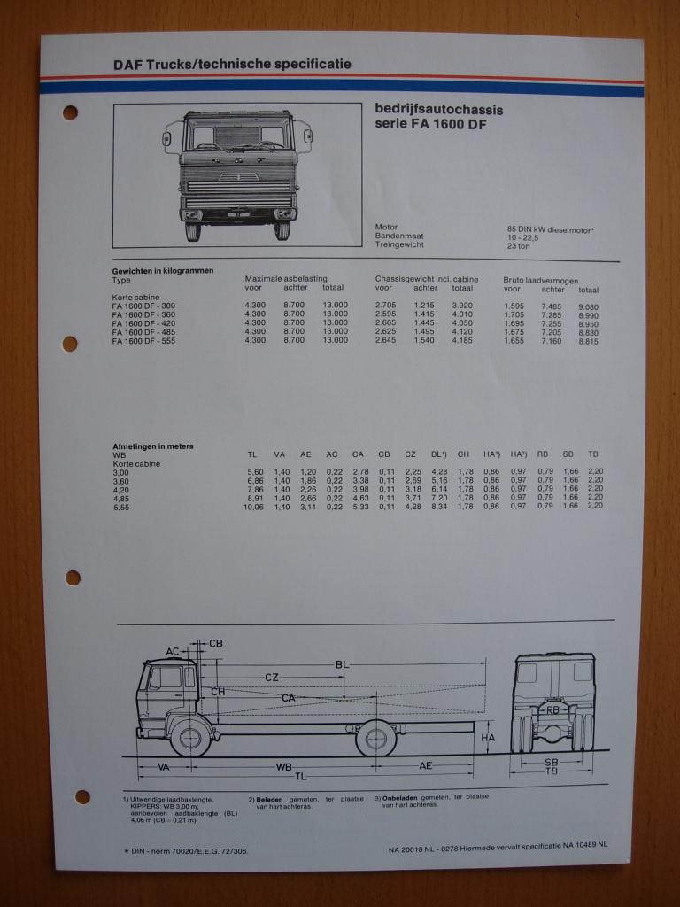 DAF FA 1600 DF Technische Specificatie folder 1978 - 4x2, Ophalen of Verzenden, Zo goed als nieuw, Overige merken, DAF
