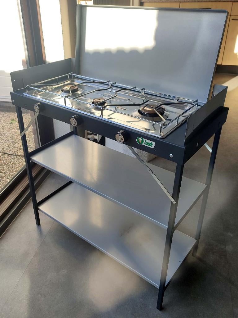 Uitvouwbaar 3-pits gasfornuis kampeer keukentje met gasfles, Ophalen, Gebruikt