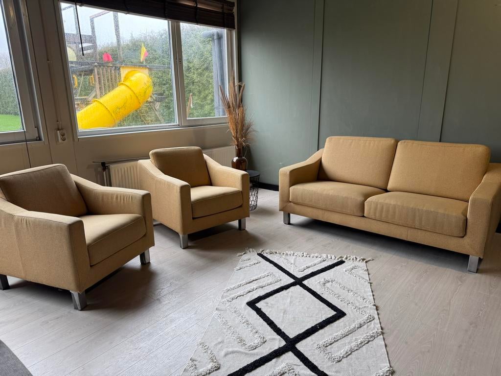 Leolux Vintage Set: Bank en Fauteuils. Originele stof, Leolux, 150 tot 200 cm, Tweepersoons, 75 tot 100 cm