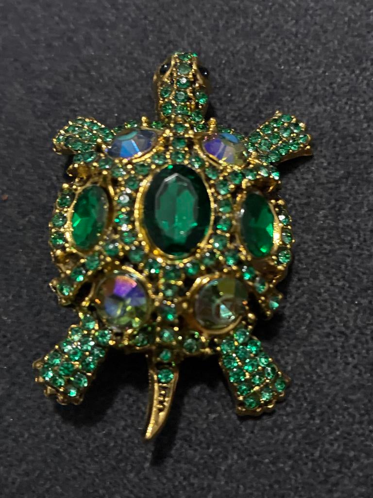 Vintage Schildpad Broche met Groene Kristallen, Sieraden, Tassen en Uiterlijk, Broches, Met kristal, Overige materialen, 4 tot 7 cm