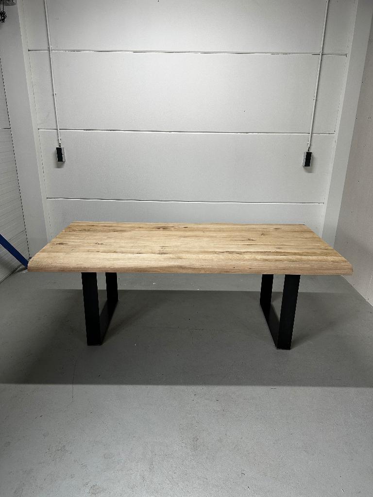 Boomstam eikenhouten tafel 200x100 cm | metalen onderstel, Ophalen, 200 cm of meer, 50 tot 100 cm, Zo goed als nieuw
