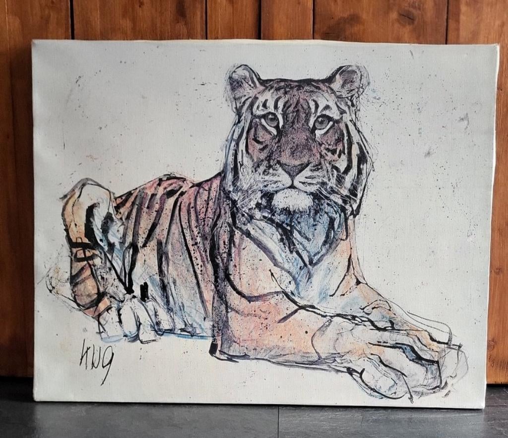 Schilderij Canvas "Reclining Tiger" 1964, Antiek en Kunst, Ophalen