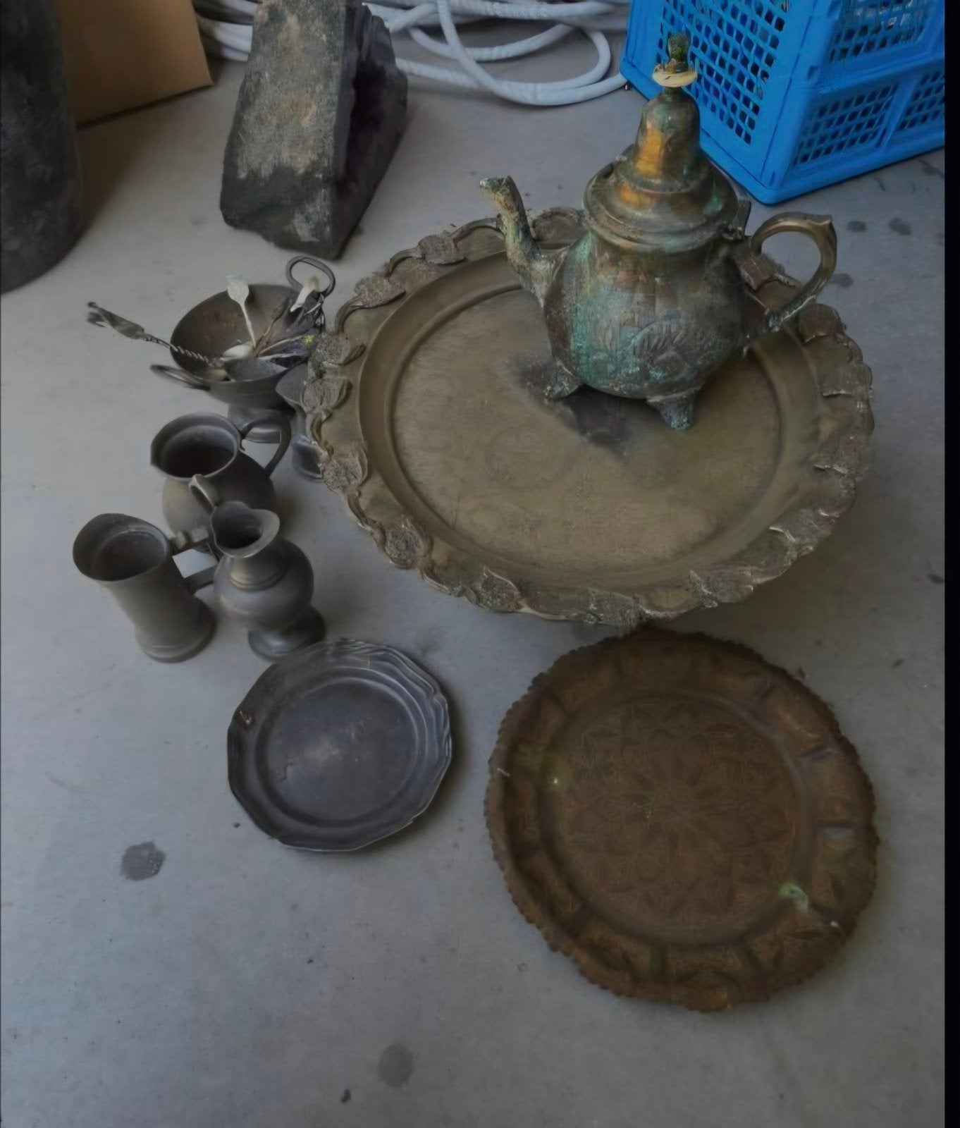 Vintage koperen theepot en schalen set, Antiek en Kunst, Ophalen of Verzenden
