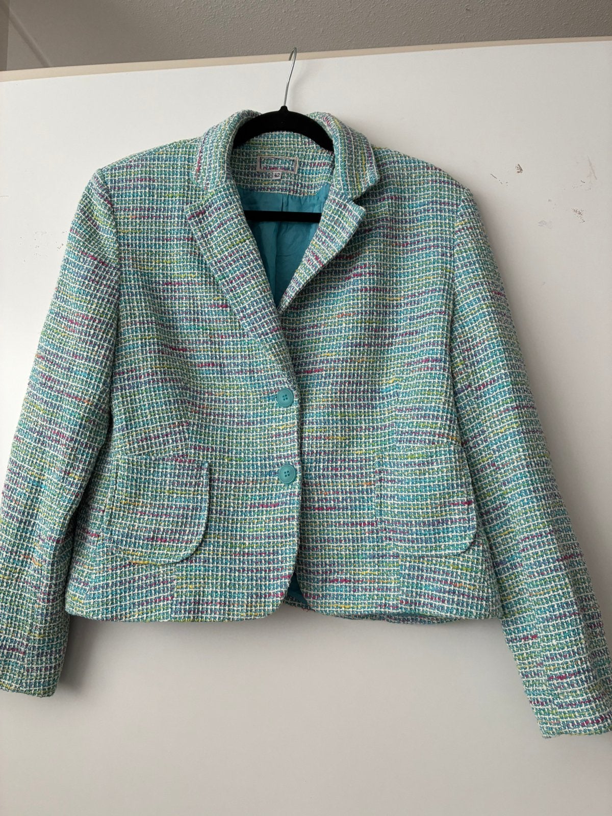 Vintage jasje blazer turquoise wit roze geel geweven stof, Meerkleurig, Maat 42/44 (L), Ophalen of Verzenden, Zo goed als nieuw
