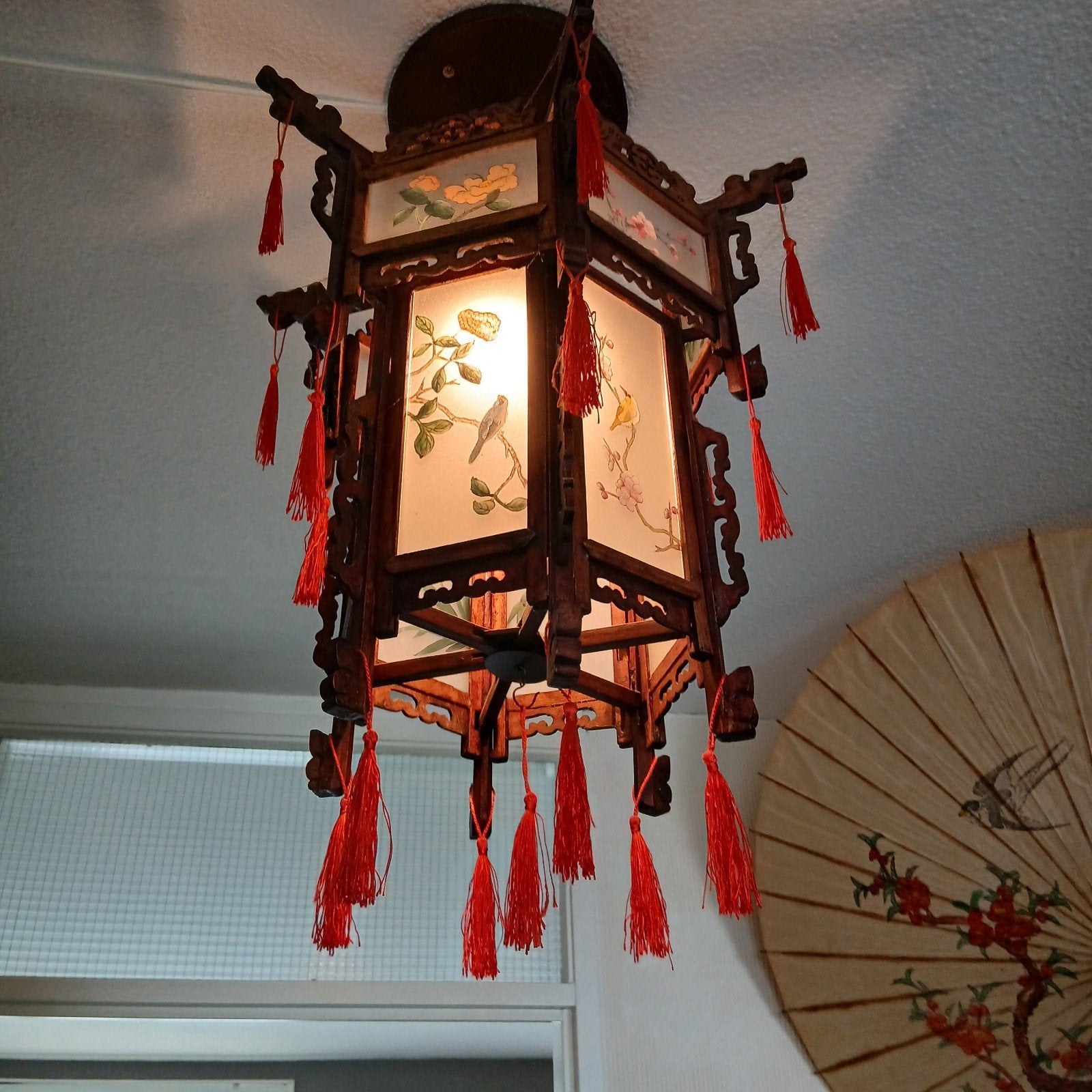Prachtige Chinese hanglamp met kwastjes en decoraties, Gebruikt, Chinees, Oosters, Aziatisch, E27 (groot), Hout