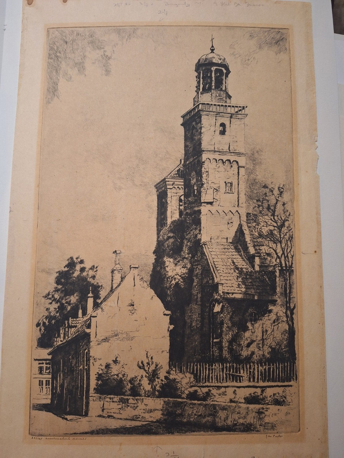 Ets Utrecht van Jan Sirks - Stadsgezicht met kerk, Antiek en Kunst, Kunst | Etsen en Gravures, Origineel, Ets, Stadsgezicht, Ophalen of Verzenden