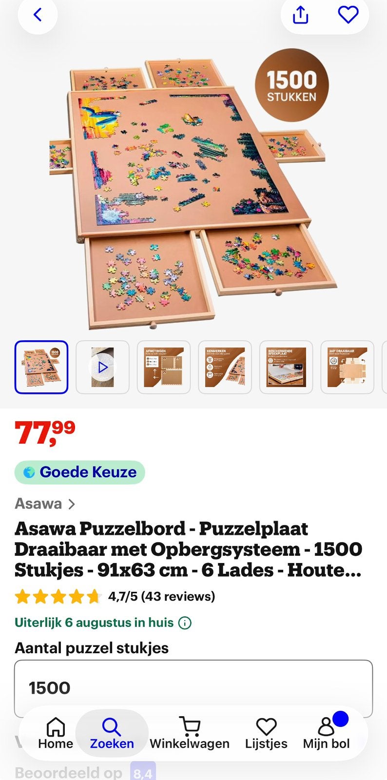 puzzelbord 1500 stukjes asawa, Hobby en Vrije tijd, Ophalen of Verzenden, 500 t/m 1500 stukjes, Gebruikt