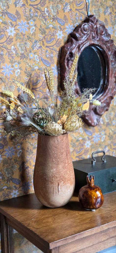 Boeket takken bloemen met houten vaas !, Ophalen of Verzenden