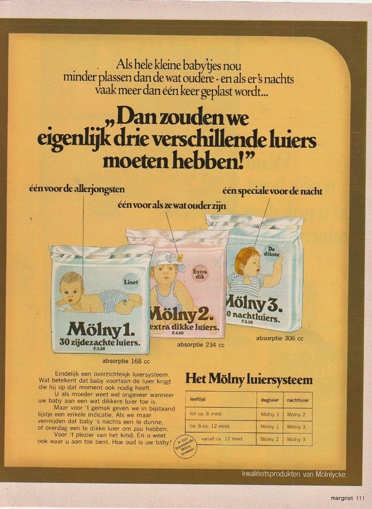 Retro reclame 1972 Mölny baby luiers 3 verschillende maten, Verzenden, Overige typen