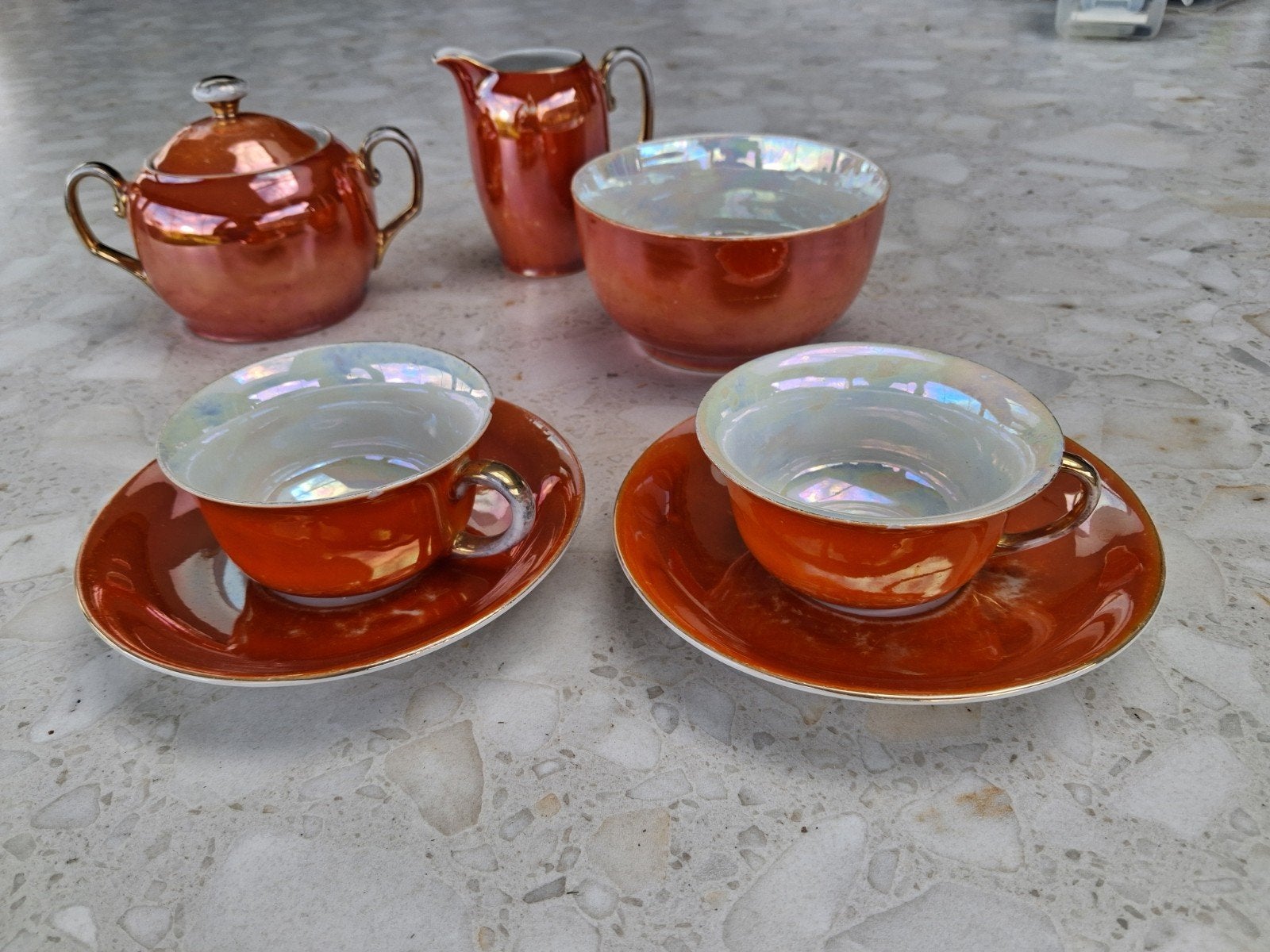 Vintage Bavaria theeserviesje oranje parelmoer, Ophalen, Gebruikt, Overige merken, Vintage