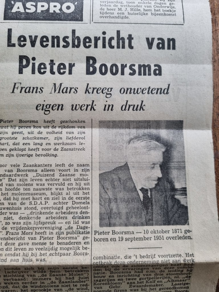 Artikel Pieter Boorsma van Duizend Zaanse molens (1963), Verzamelen, Tijdschriften, Kranten en Knipsels, Ophalen of Verzenden