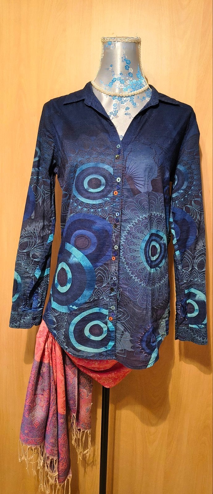 Desigual blouse maat L met print en diverse knoopjes, Blauw, Maat 42/44 (L), Ophalen of Verzenden, Desigual