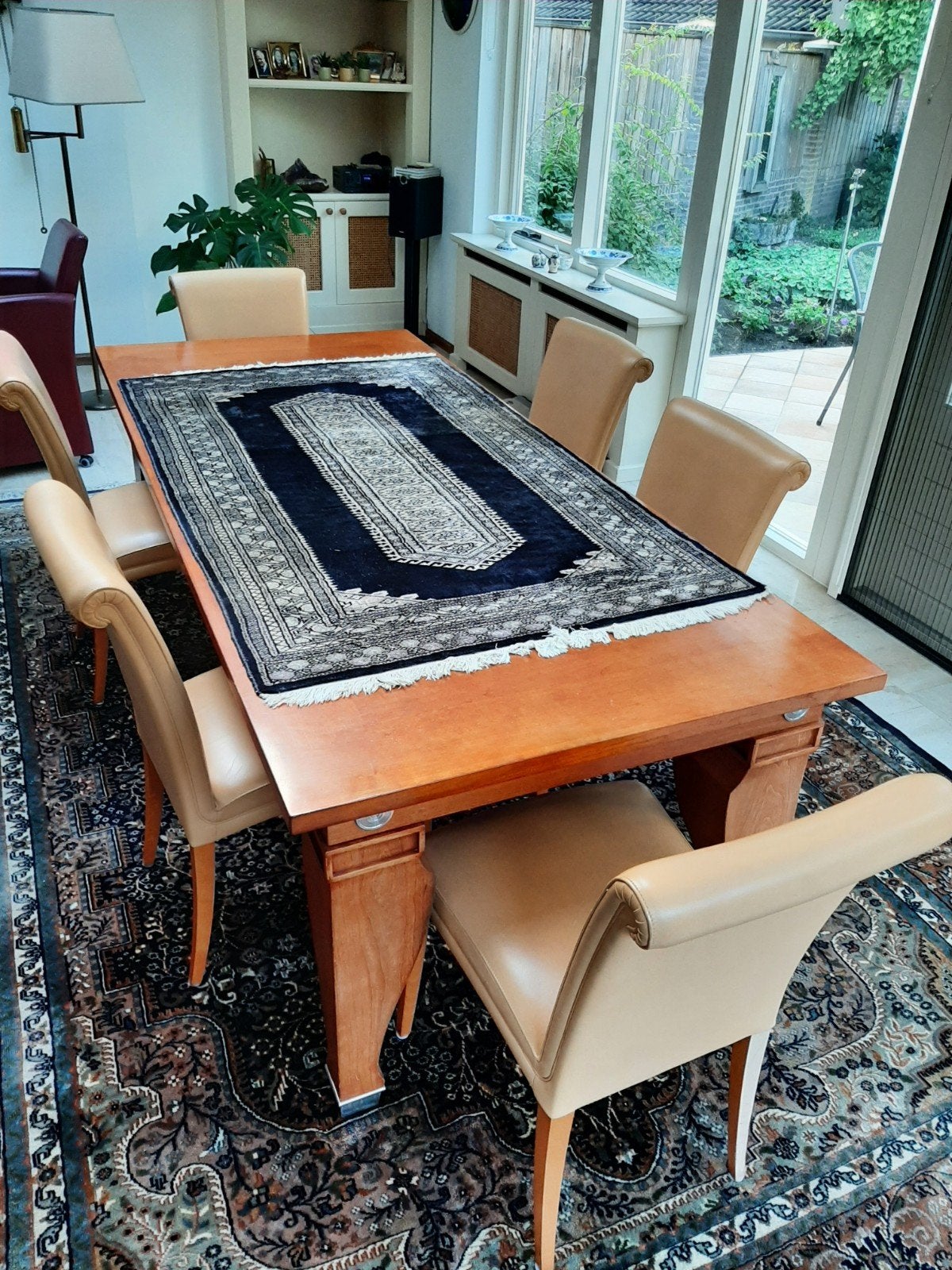 kersenhouten italiaanse design tafel 220 x 97 en 80 cm hoog., Ophalen of Verzenden, Gebruikt, Modern stijlvol, 8 stoelen of meer