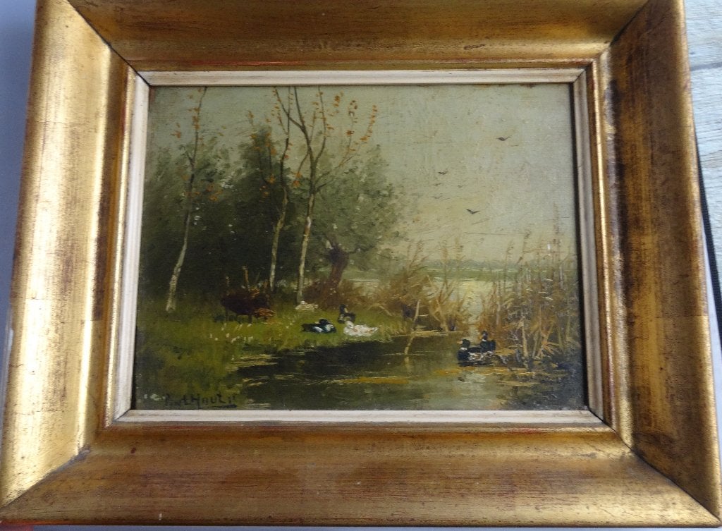 EENDENFAMILIE * OLIEVERF OP PANEEL * In Lijst *, Antiek en Kunst, Paneel, Verzenden, Landschap, Olieverf