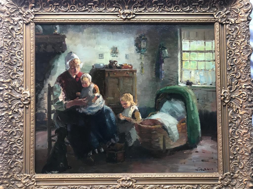 Schilderij Daan Muhlhaus Interieur Moeder Kind Hond Kinderen, Antiek en Kunst, Kunst | Schilderijen | Klassiek, Ophalen of Verzenden