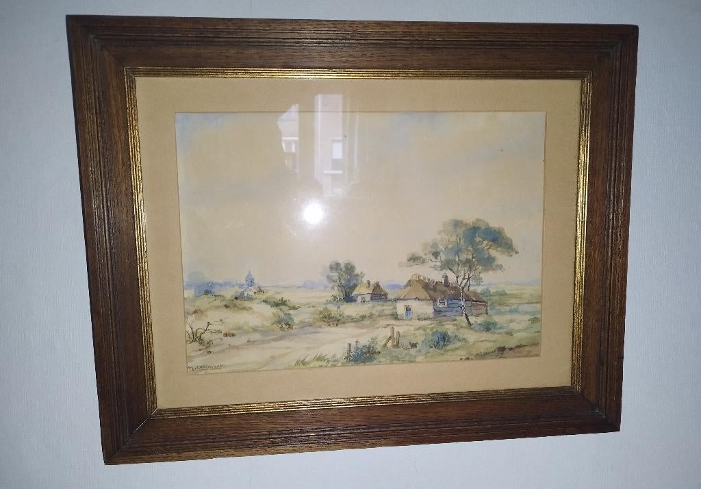 Aquarel landschap achter glas M. Lenterman 48,5cm x 38,5cm, Antiek en Kunst, Ophalen of Verzenden